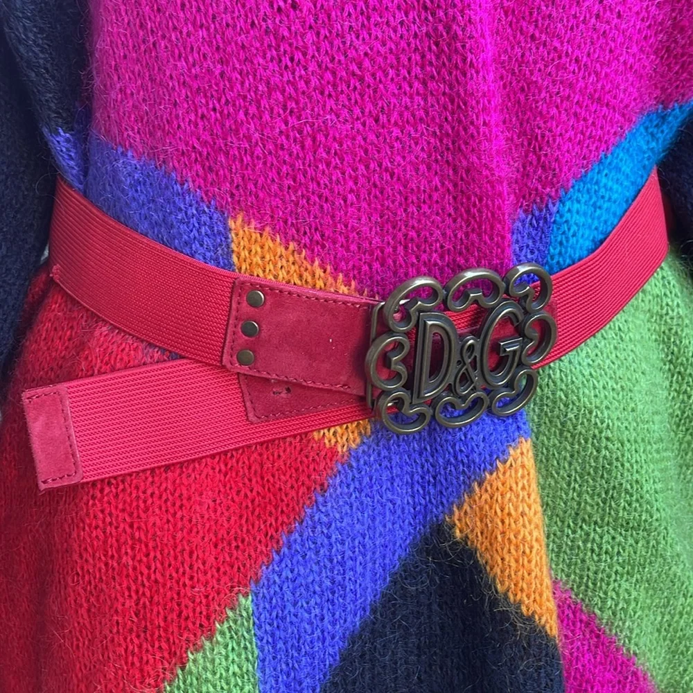 Vintage bright red Dolce & Gabbana stretchy wide belt with large unique buckle